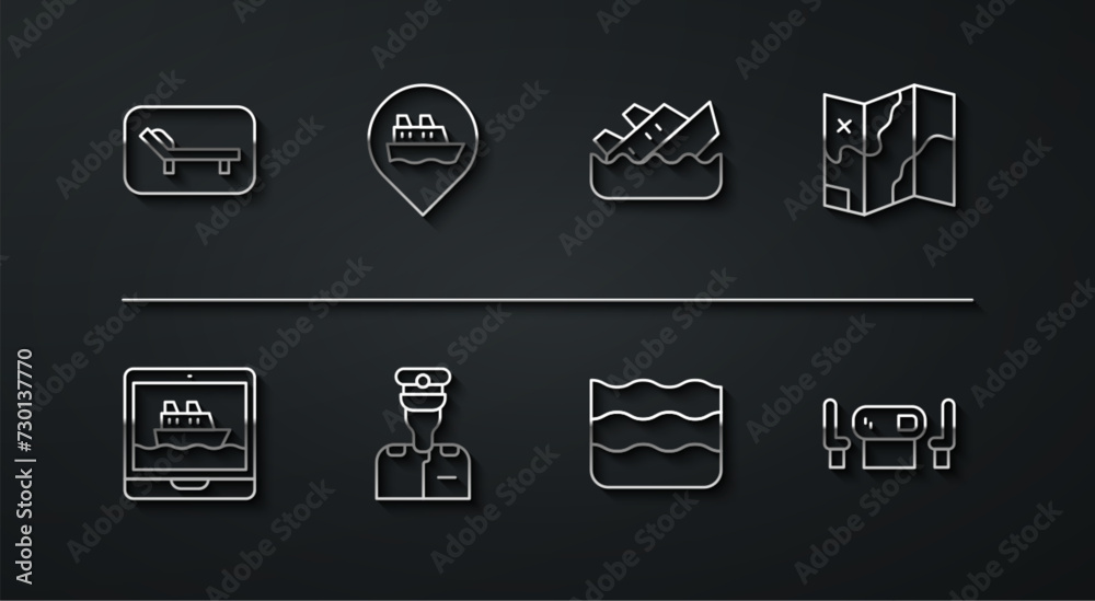 Set line Sunbed and umbrella, Cruise ship, Folded map, Wave, Captain of, Location with cruise, Poker table and Sinking icon. Vector Set line Sunbed and umbrella, Cruise ship, Folded map, Wave, Captain of, Location with cruise, Poker table and Sinking icon. Vector