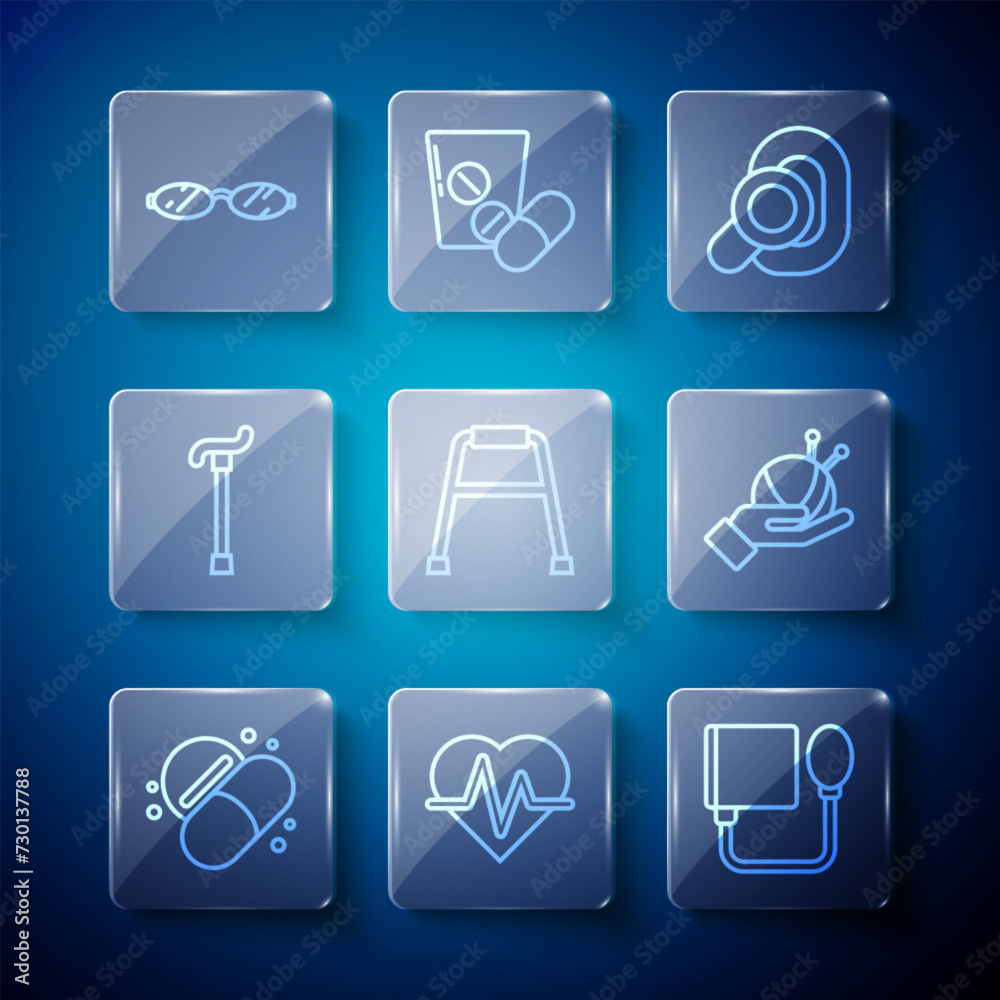 Set line Medicine pill or tablet, Heart rate, Blood pressure, Hearing aid, Walker, Walking stick cane, Eyeglasses and Yarn ball with knitting needles icon. Vector Set line Medicine pill or tablet, Heart rate, Blood pressure, Hearing aid, Walker, Walking stick cane, Eyeglasses and Yarn ball with knitting needles icon. Vector