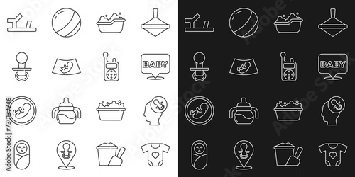 Set line Baby clothes, dummy pacifier, bathtub, Ultrasound of baby, shoes and Monitor Walkie Talkie icon. Vector