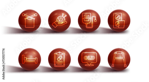 Set line Knitting, Bed, Pills blister pack, Nursing home, Medical prescription, Yarn ball with knitting needles, Walker and IV bag icon. Vector