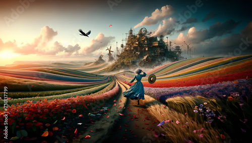 une femme debout dans un champ de fleur multicolore avec un château en arrière plan © thomas