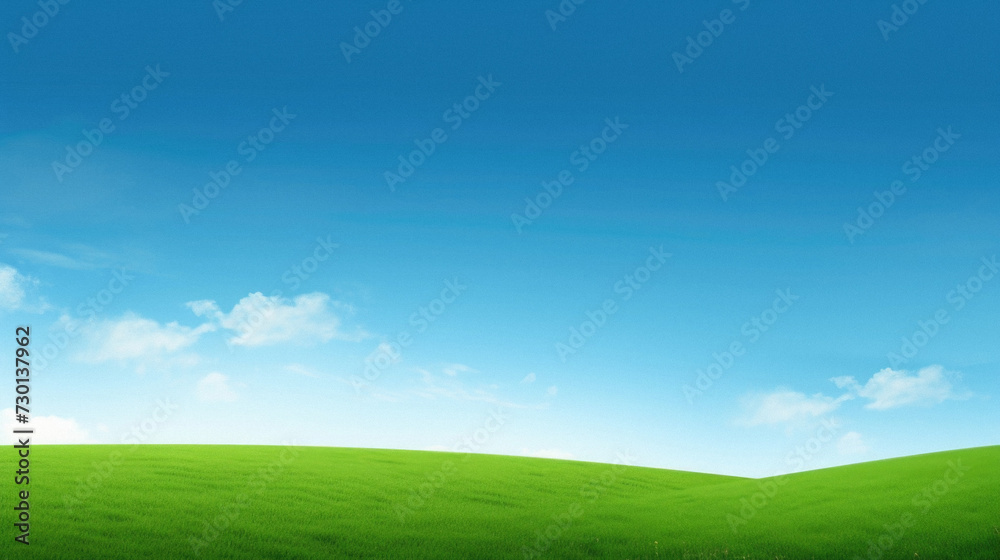 Green field and blue sky with white clouds.