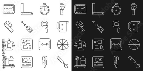 Set line Measuring spoon, Circle of pieces, cup, Stopwatch, Laser distance measurer, tape, instrument and Micrometer icon. Vector