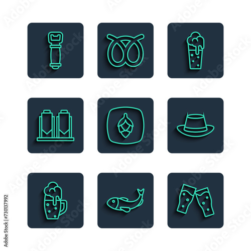 Set line Glass of beer, Dried fish, Hop, Beer brewing process, Bottle opener and Oktoberfest hat icon. Vector