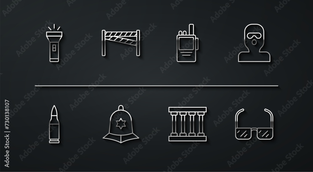 Set line Flashlight, Bullet, Thief mask, Prison window, British police helmet, Crime scene, Safety goggle glasses and Walkie talkie icon. Vector