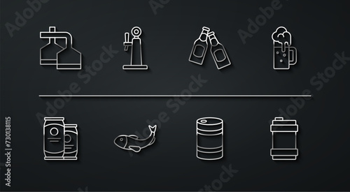 Set line Beer brewing process, can, Wooden beer mug, Metal keg, Dried fish, tap, and bottle icon. Vector