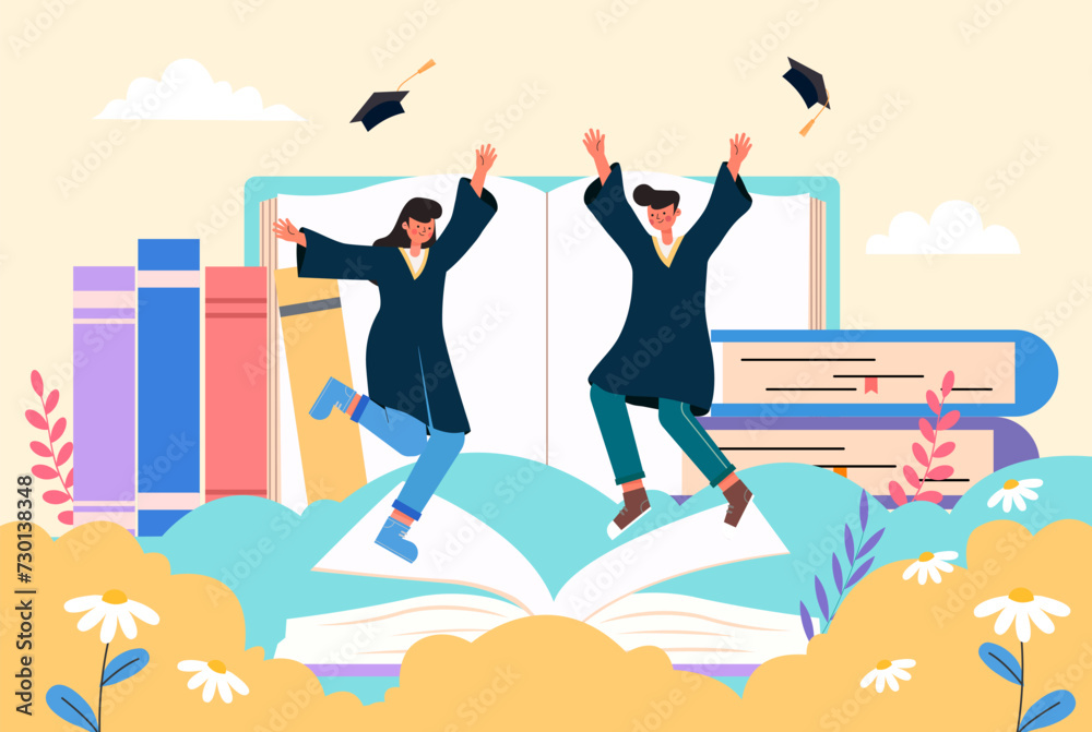 Vector illustration of two students celebrating graduation