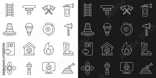 Set line Fire hose reel, boots, Firefighter axe, cone bucket, Traffic, escape and Ringing alarm bell icon. Vector