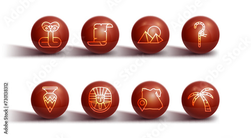 Set line Snake, Egyptian vase, Crook, Map of, pharaoh, Papyrus scroll, Tropical palm tree and pyramids icon. Vector