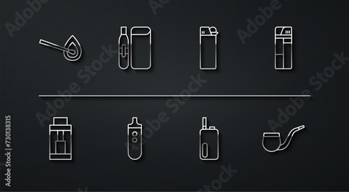 Set line Burning match with fire, Vape mod device, Lighter, Electronic cigarette, No pipe smoking and icon. Vector