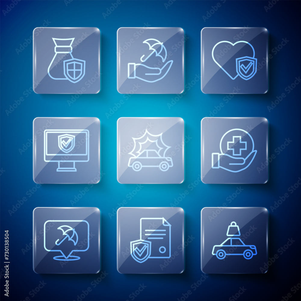Set line Umbrella, Contract with shield, Car insurance, Life, accident, Insurance online, Money bag and icon. Vector Set line Umbrella, Contract with shield, Car insurance, Life, accident, Insurance online, Money bag and icon. Vector