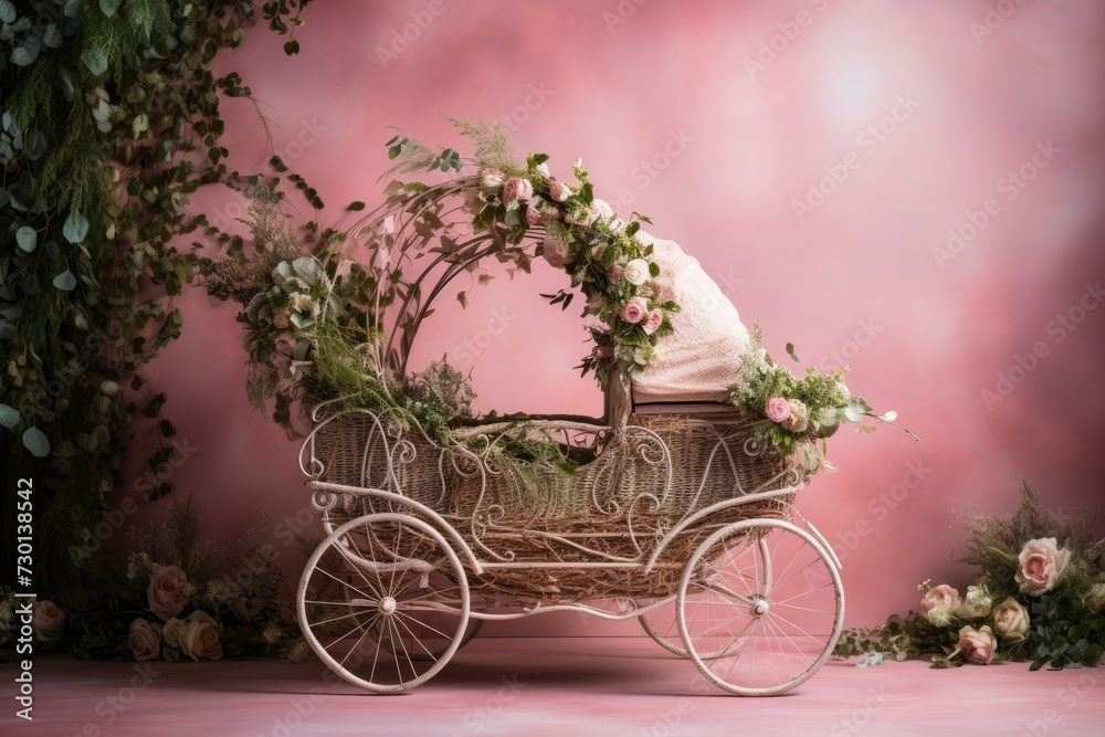 Vintage Elegance: Old Pink Car Surrounded by Pink Flowers in a Studio Setting
