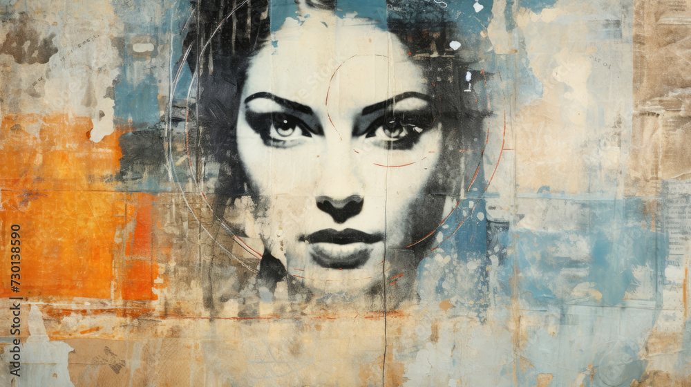 Vintage grunge blue and orange and white collage background with woman portrait