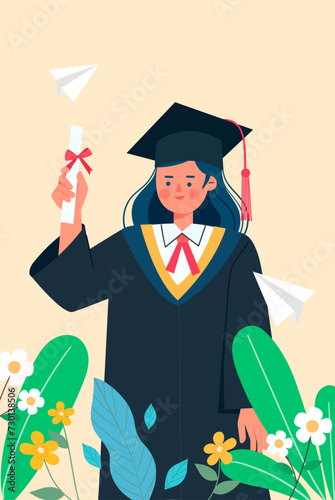Vector illustration of a female student celebrating graduation
