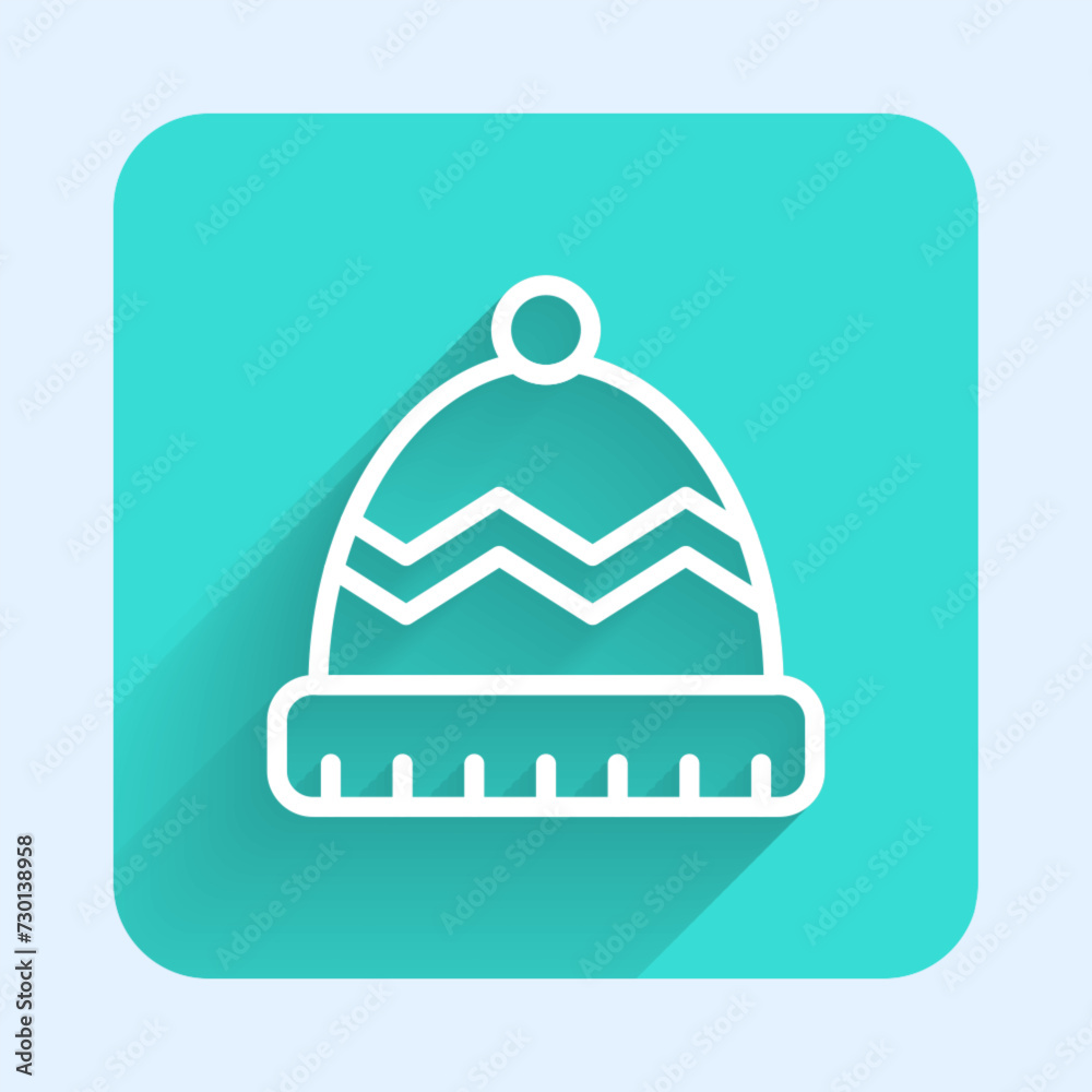 White line Winter hat icon isolated with long shadow. Green square button. Vector