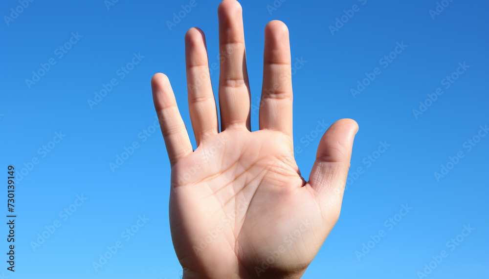 Human hand gesturing a sign of success under clear blue sky generated by AI Human hand gesturing a sign of success under clear blue sky generated by AI