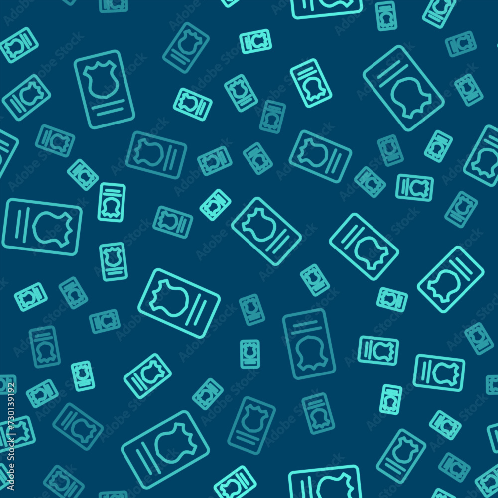 Green line Police badge with id case icon isolated seamless pattern on blue background. Vector Green line Police badge with id case icon isolated seamless pattern on blue background. Vector