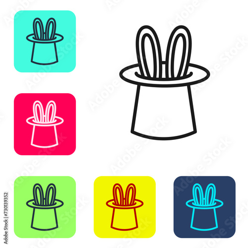 Black line Magician hat and rabbit ears icon isolated on white background. Magic trick. Mystery entertainment concept. Set icons in color square buttons. Vector