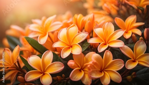 Vibrant Orange Plumeria Flowers Blooming in Warm Sunlight