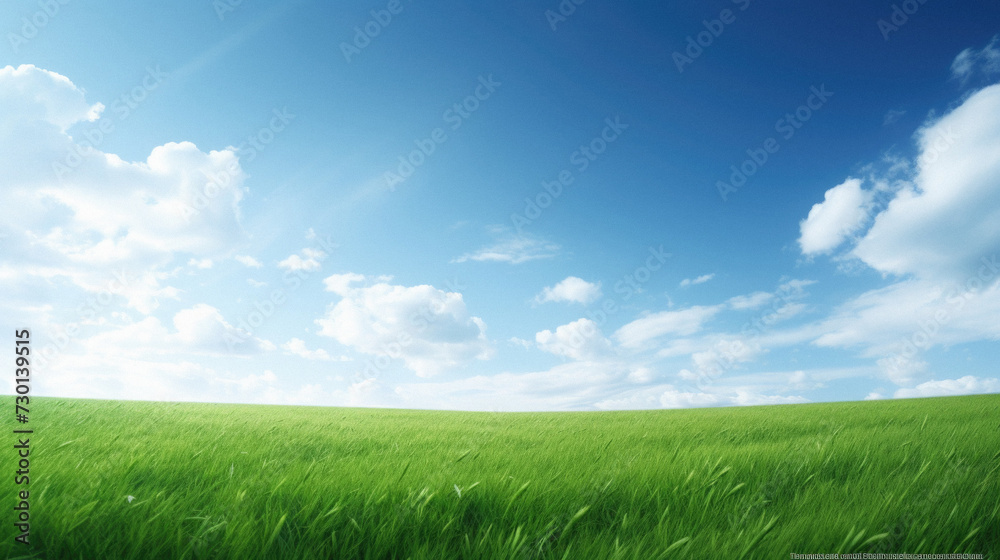 Green field and blue sky with white clouds.