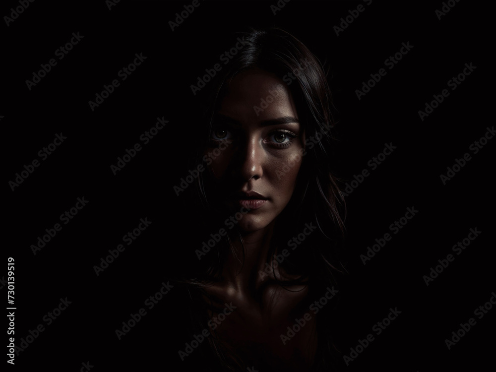 A woman with glowing eyes and dark hair is shown in a dark room.