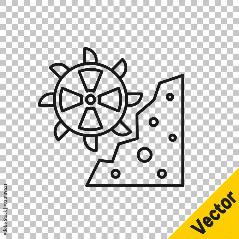 Fototapeta premium Black line Bucket wheel excavator icon isolated on transparent background. Vector