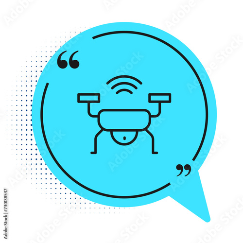 Black line Smart drone system icon isolated on white background. Quadrocopter with video and photo camera symbol. Blue speech bubble symbol. Vector