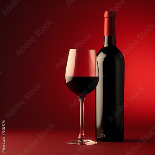 Bottle and glass of red wine on a red background ai technology