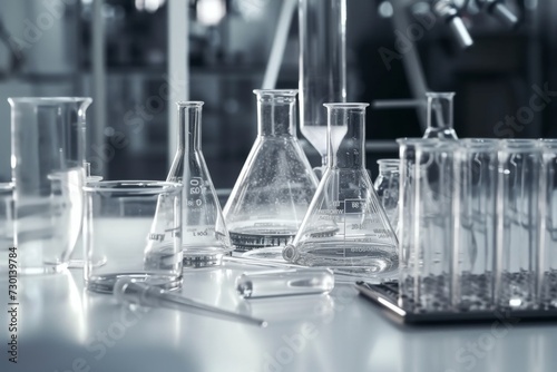 laboratory equipment in glassware, in the style of light gray and silver
