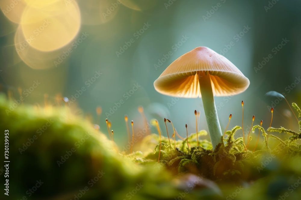 the small mushroom on a green tree in the middle of moss the small mushroom on a green tree in the middle of moss