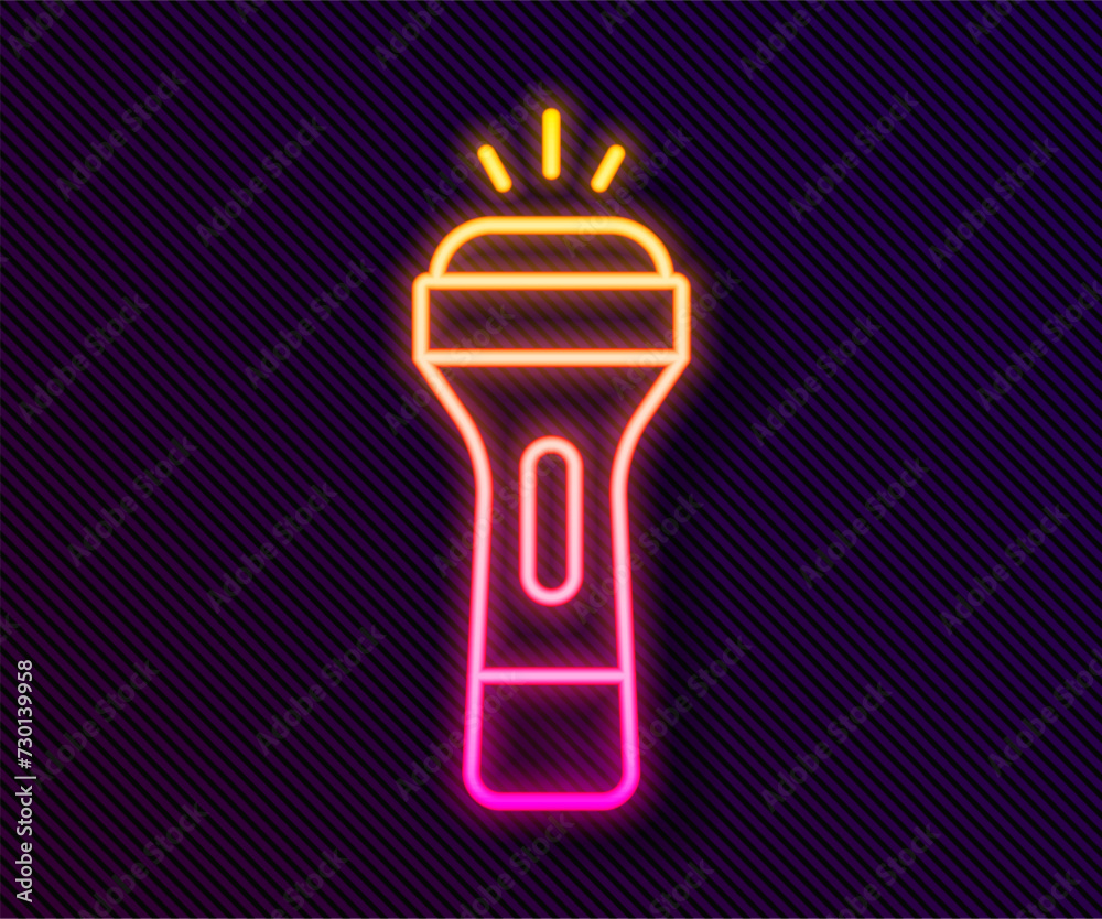 Glowing neon line Flashlight icon isolated on black background. Vector