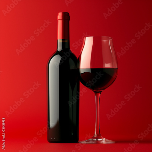 Bottle and glass of red wine on a red background ai technology
