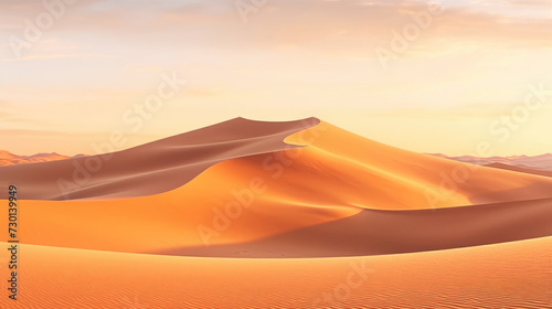 Panorama banner of sand dunes desert at sunset. Endless dunes of yellow sand
