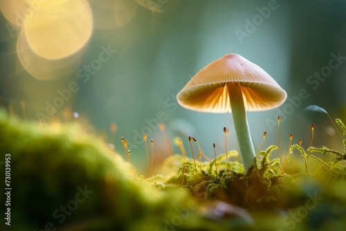 the small mushroom on a green tree in the middle of moss