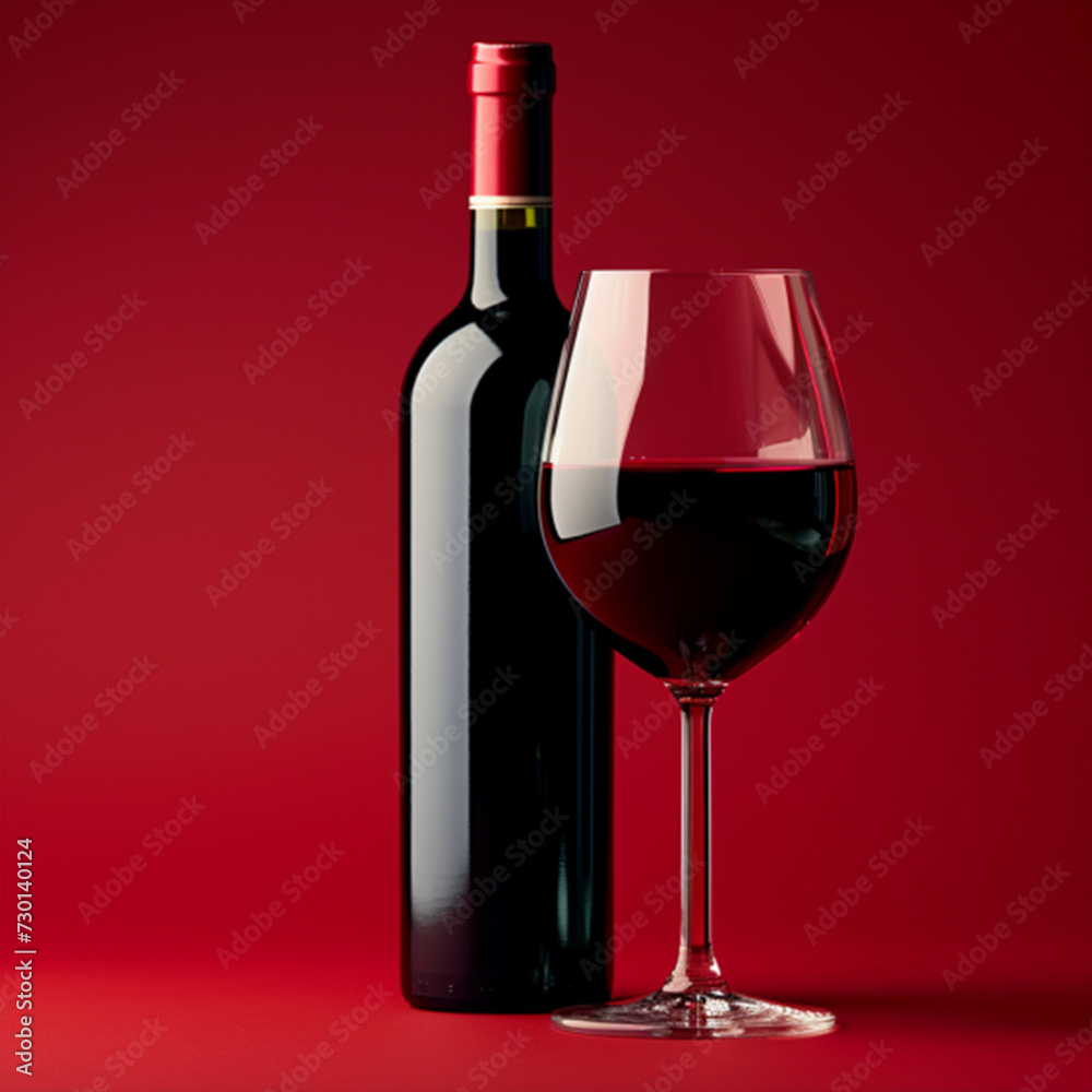 Bottle and glass of red wine on a red background ai technology Bottle and glass of red wine on a red background ai technology