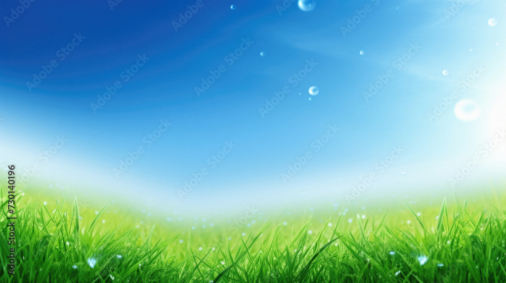 Green meadow with blue sky background.