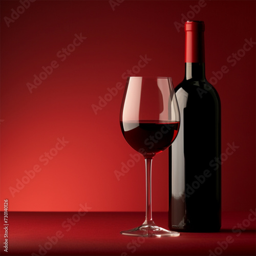 Bottle and glass of red wine on a red background ai technology