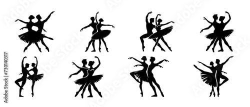 Elegant Ballet Dancers Silhouettes Performing in Various Poses Dancing Couple black filled vector Illustration © iamabduss