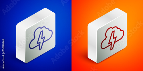 Isometric line Storm icon isolated on blue and orange background. Cloud and lightning sign. Weather icon of storm. Silver square button. Vector