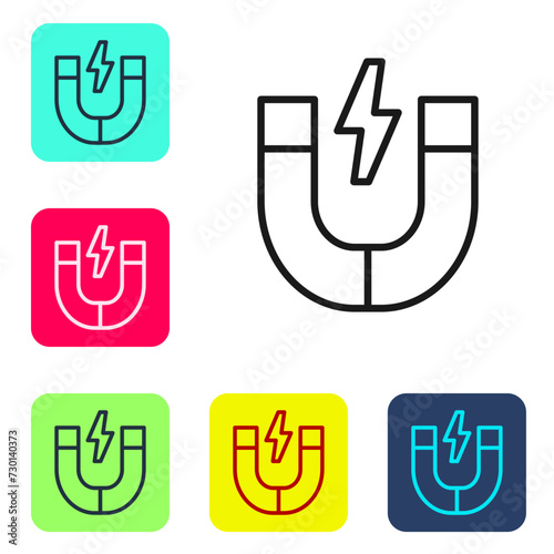 Black line Magnet icon isolated on white background. Horseshoe magnet, magnetism, magnetize, attraction. Set icons in color square buttons. Vector