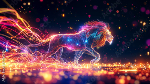 Running lion made of magical blue energy photo