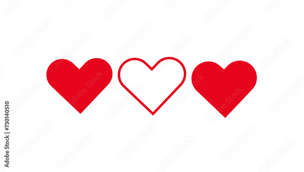 Set of three red heart vector icons, Set of red shape heart icons, Heart vectors