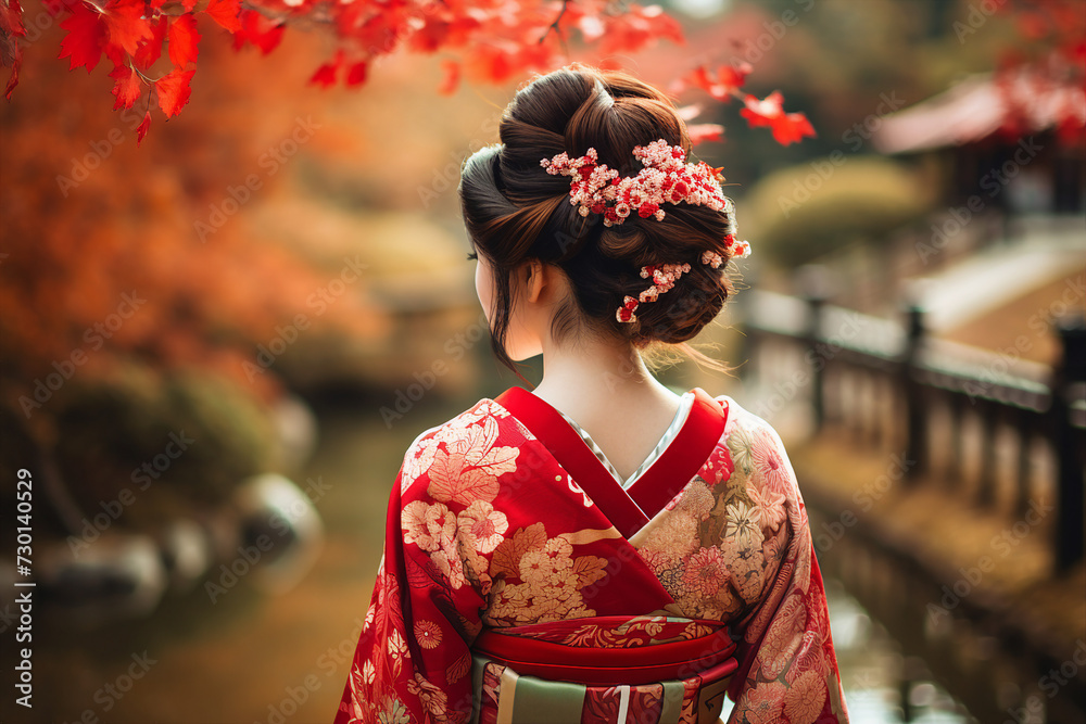 Generative AI picture of stunning chinese lady wear kimono walking on beautiful landscape