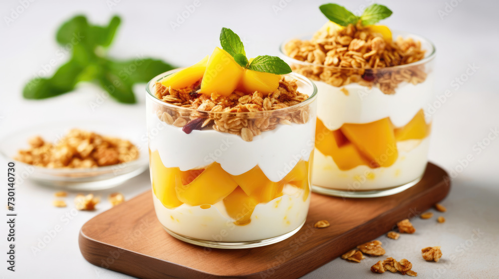 Tropical mango and pineapple parfait. Parfait with yogurt, mango and granola Tropical mango and pineapple parfait. Parfait with yogurt, mango and granola
