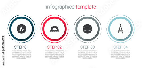 Set Function mathematical symbol, Protractor, Geometric figure Sphere and Drawing compass. Business infographic template. Vector