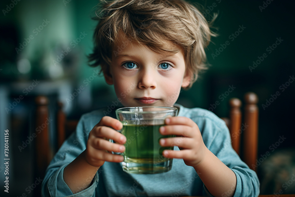 Generative AI photo of cute happy smiling boy sitting at the dinner table drinking tea enjoying the taste Generative AI photo of cute happy smiling boy sitting at the dinner table drinking tea enjoying the taste