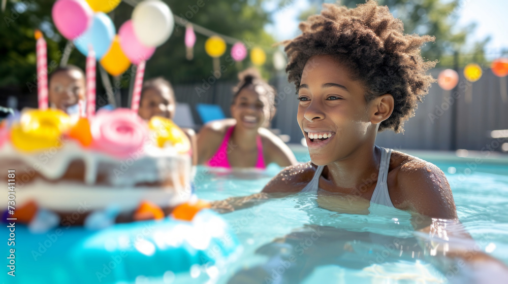 Obraz premium A teenager enjoying a poolside birthday party with friends and a floating cake
