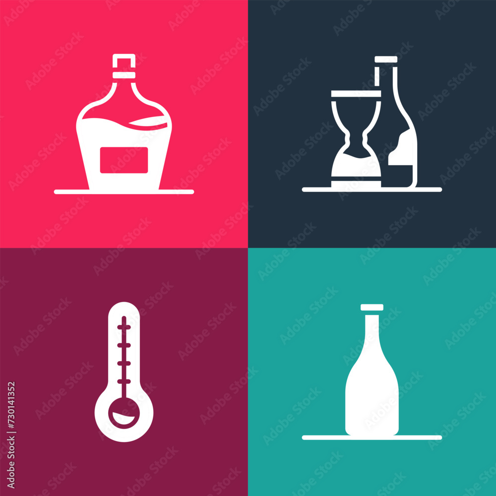 Set pop art Bottle of wine, Meteorology thermometer, and Old bottle icon. Vector Set pop art Bottle of wine, Meteorology thermometer, and Old bottle icon. Vector