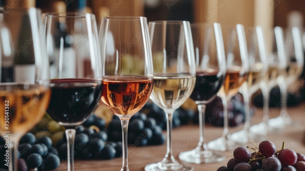 A wine-tasting event, showcasing a flight of wines with tasting notes and grape varieties