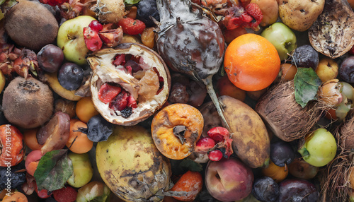 Mixed spoiled, rotten, dried and moldy fruits. Pomegranate, apple, pear, plum, grape, apricot, quince, kiwi, avocado photo